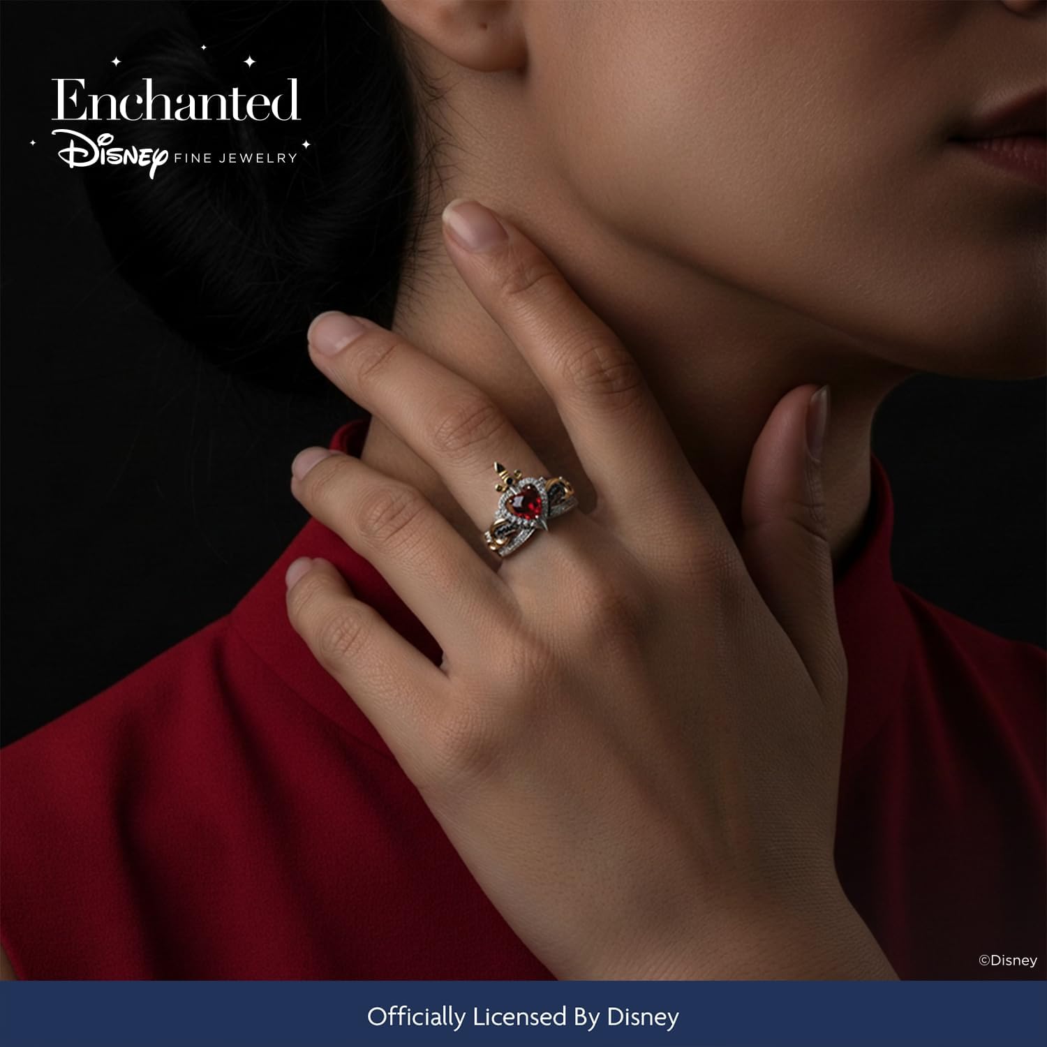 Jewelili Enchanted Disney Fine Jewelry 10K Yellow Gold and Sterling Silver with 1/5 Cttw Diamond and Red Garnet Evil Queen Ring