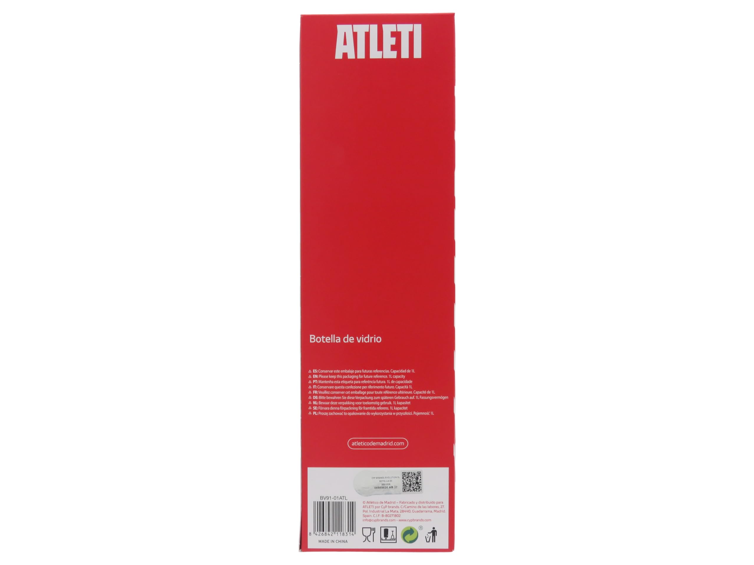 CYPBRANDS Atlético de Madrid, Botella de Agua, Botella de Vidrio, Capacidad 1 L, Transparente, Escudo Atlético de Madrid, Producto Oficial