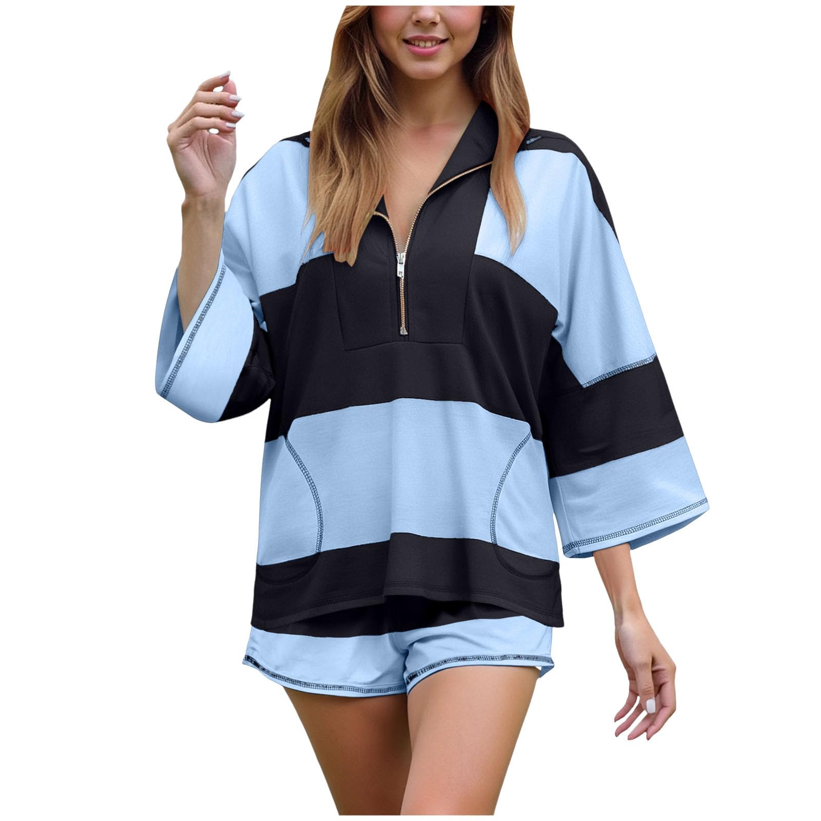 Ensemble de détente 2 pièces Femme en Tricot rayé à Manches Courtes Short décontracté l'été Tricot gaufré Chauve Souris Haut Cordon Serrage Taille Rayures Demi Ample Poche Top Short Taille élastique