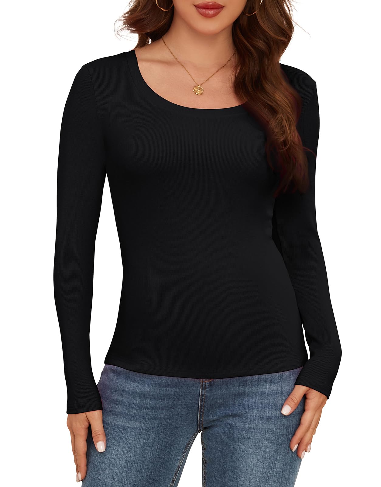 AUHEGN Long Sleeve Shirts for Women Scoop Neck Lightweight Stretchy Fitted Ribbed Basic Layer Tops Blouse