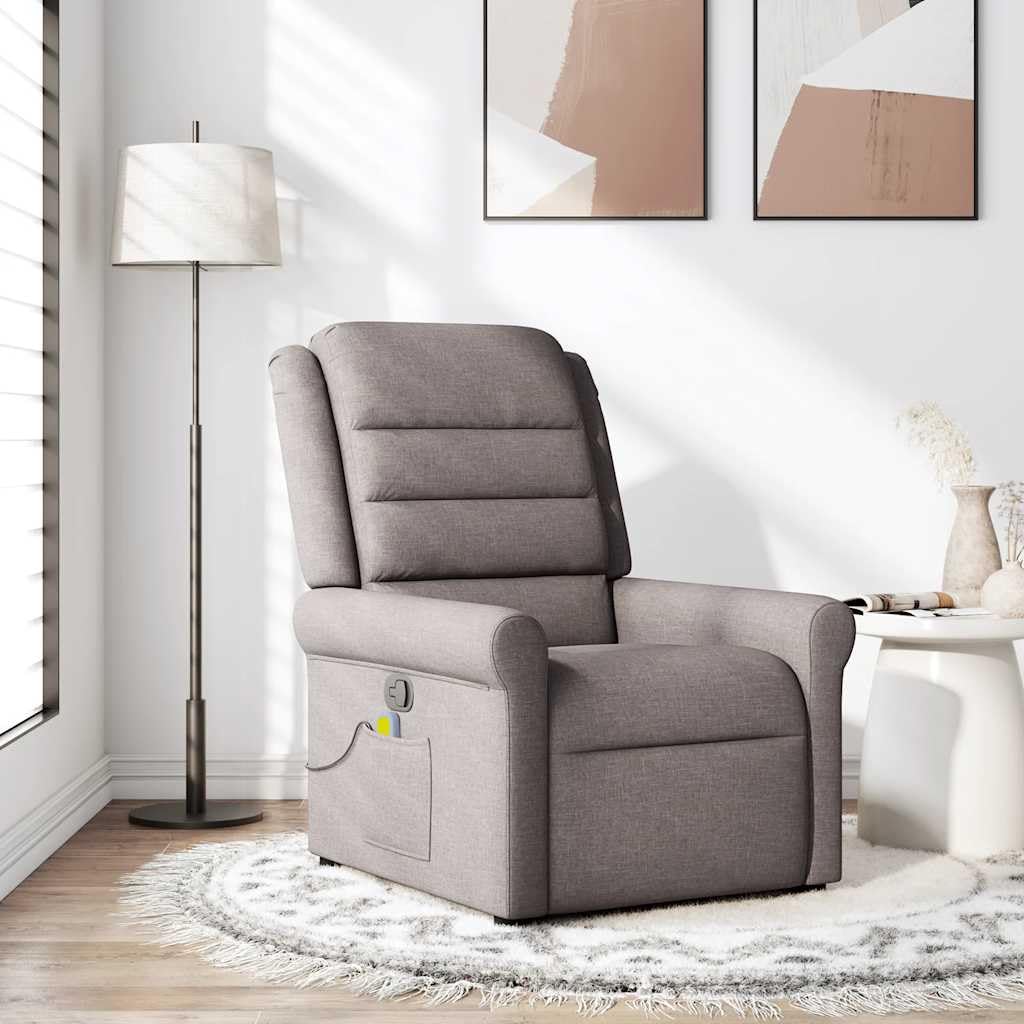 Massagesessel Taupe Stoff mit 6-Punkt-Vibrationsmassage, manuelle Liegefunktion, gepolsterter Sitz, Armlehne, Rückenlehne, Holz Metall Gestell, komfortabler Relaxstuhl für Wohnzimmer Büro