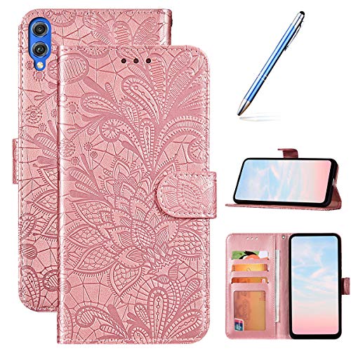 Robinsoni Case Compatible with Huawei Honor 8X Phone Case Wallet Case Leather Phone Cover Shockproof Kickstand Case Notebook Cover Flip Stand Book Style Case Heavy Duty Case Lace Flower Rose Gold