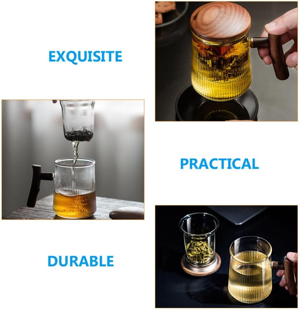 Striped Glass Tea Cup with Infuser and Wooden Lid 4.44Oz Clear Ribbed Glass Mug for Coffee Tea Hot Chocolate Home and Office Use
