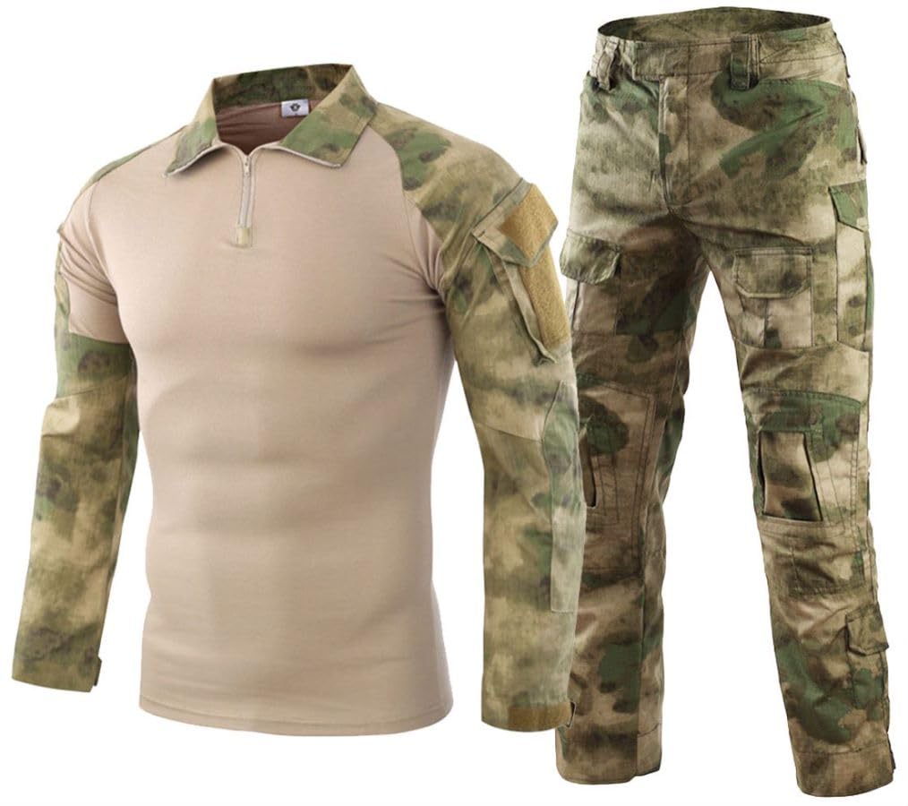 Uomo Militare Uniforme Tattico Tuta Combat Shirt e Pantaloni Airsoft Camouflage Camouflage Camicia Maglioni a maniche lunghe con cerniera 1/4 Camouflage BDU Paintball Abbigliamento