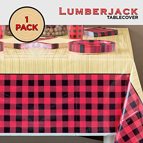 Unique Lumberjack Dinnerware Party Bundle - 8 Dinner Plates (9"), 16 Napkins (6.5"), Table Cover - Father's Day Decorations Buffalo Plaid Red Gingham Disposable Paper Set Flannel Wood Theme #TOP5
