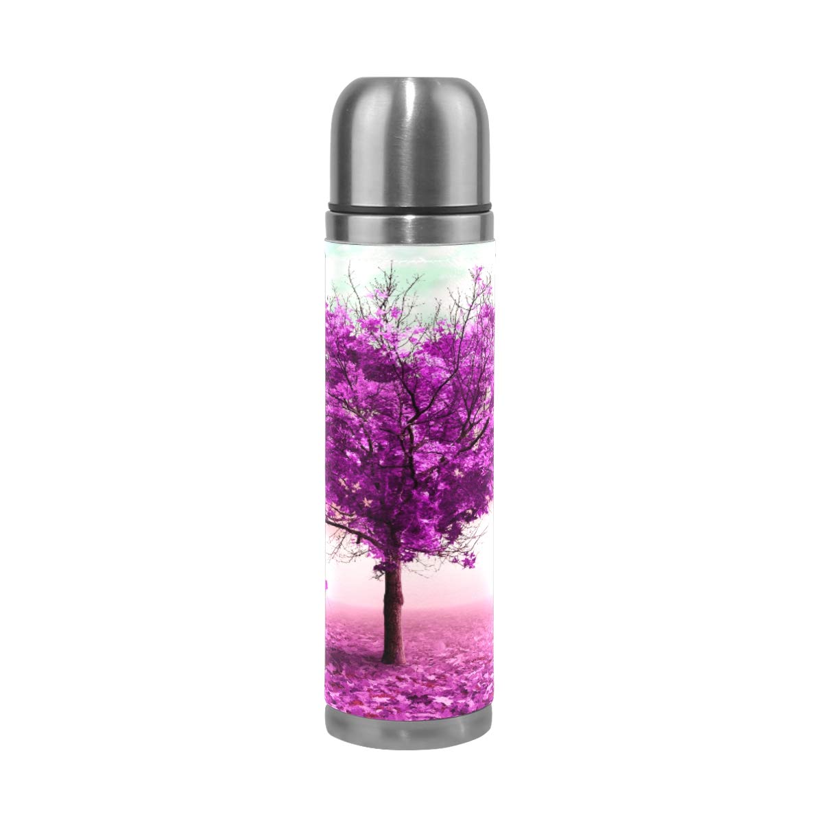 Taza de viaje aislada al vacío de acero inoxidable con doble pared a prueba de fugas, frasco de 500 ml con diseño de corazón en forma de árbol de otoño personalizado impreso en piel auténtica