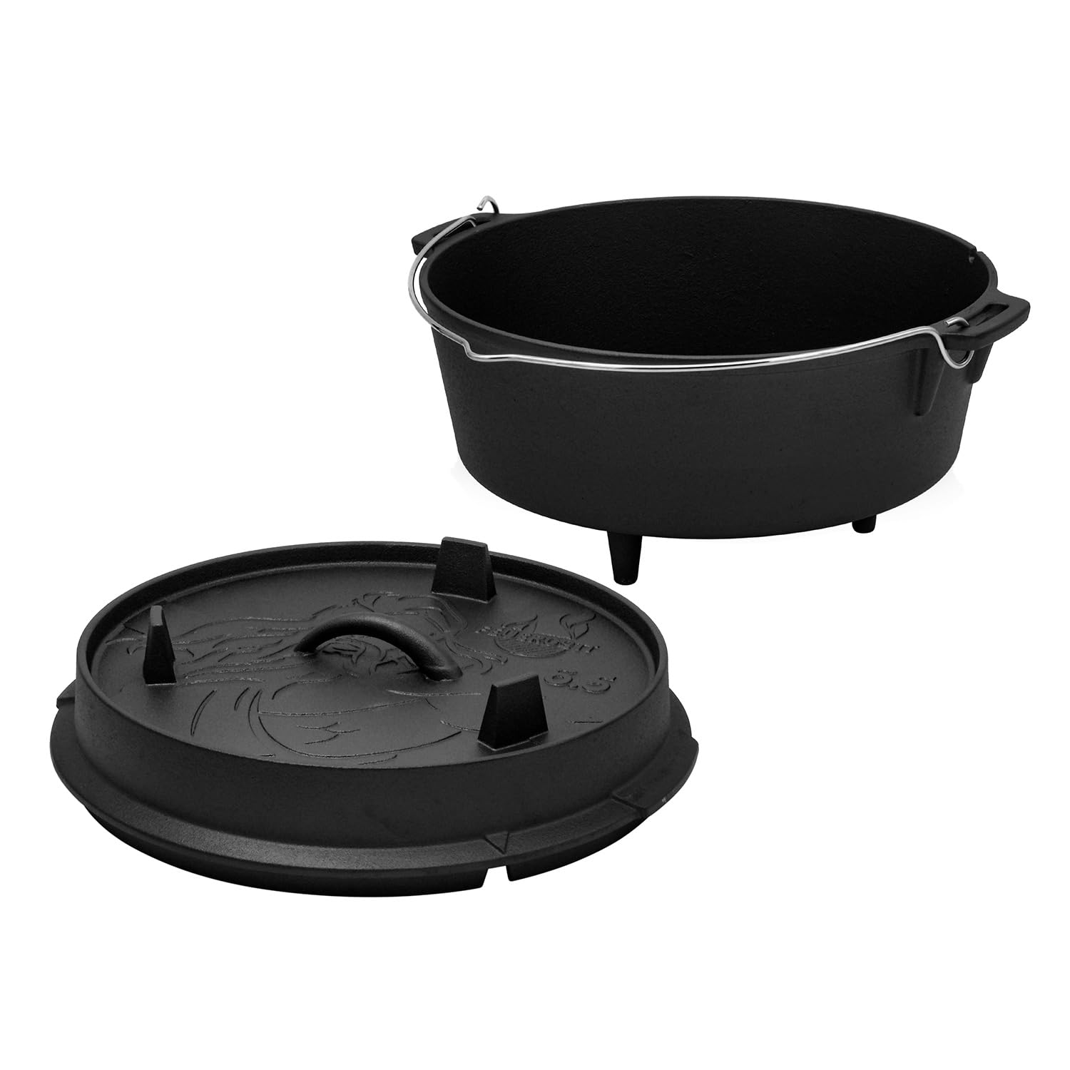 Dutch Oven Gusseisen 6,5 Liter mit Füßen – Schmortopf, Bräter mit Deckel für Grill, Lagerfeuer, BBQ – für Brotbacken, Schmoren, Braten und Kochen, ofen- und induktionsgeeignet