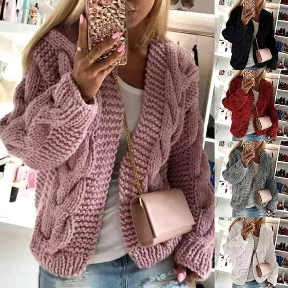 HGJH Pullover Damen, Damen Strickpullover Offen Kurz Cardigan Zopfmuster Grob Gestrickt Kimono Rot Mode Langarm Cardigan Weich Elegant Herbst Leichte Jacke Für Casual Business