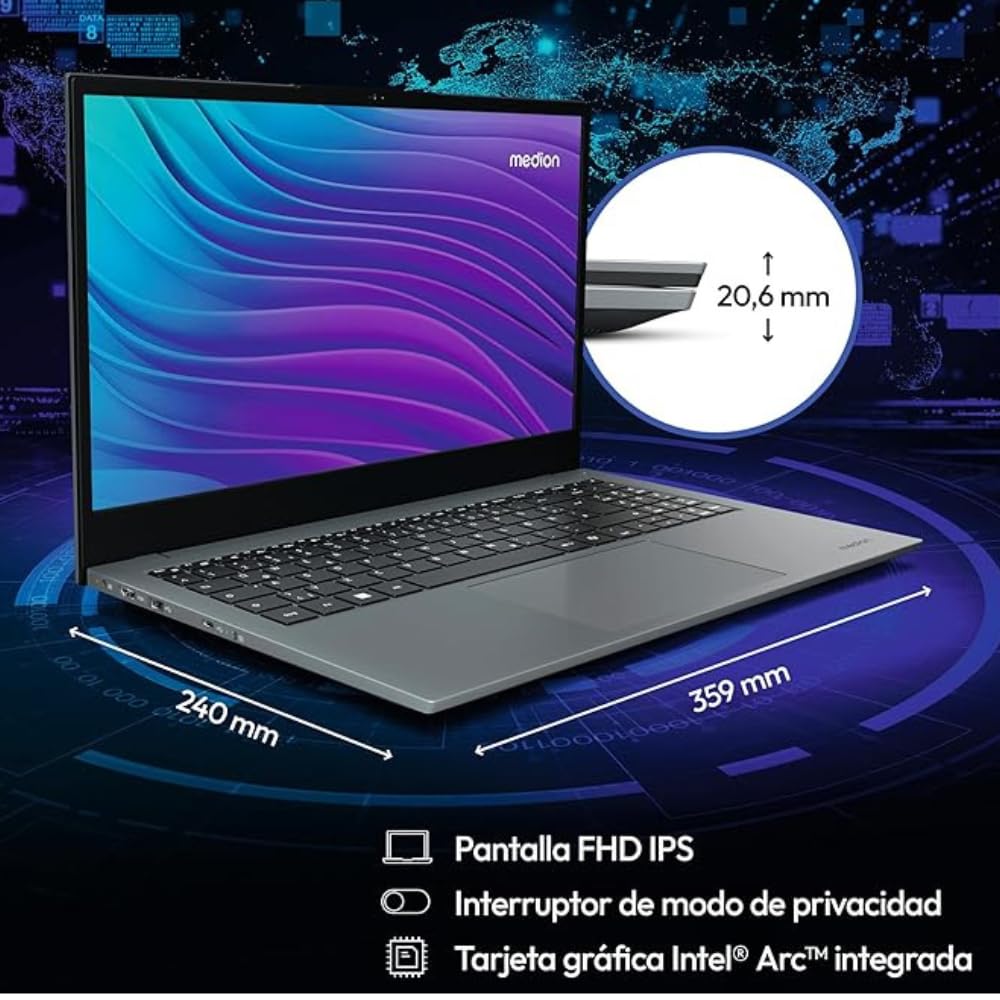 MEDION NOTEBOOK Elite E15443 MD62621 - Ordenador Portátil 15.6", Full HD, Intel Core™ Ultra 5, 16GB RAM, 512GB SSD, Sin GPU Dedicada, WiFi, Windows 11 Home, Plata