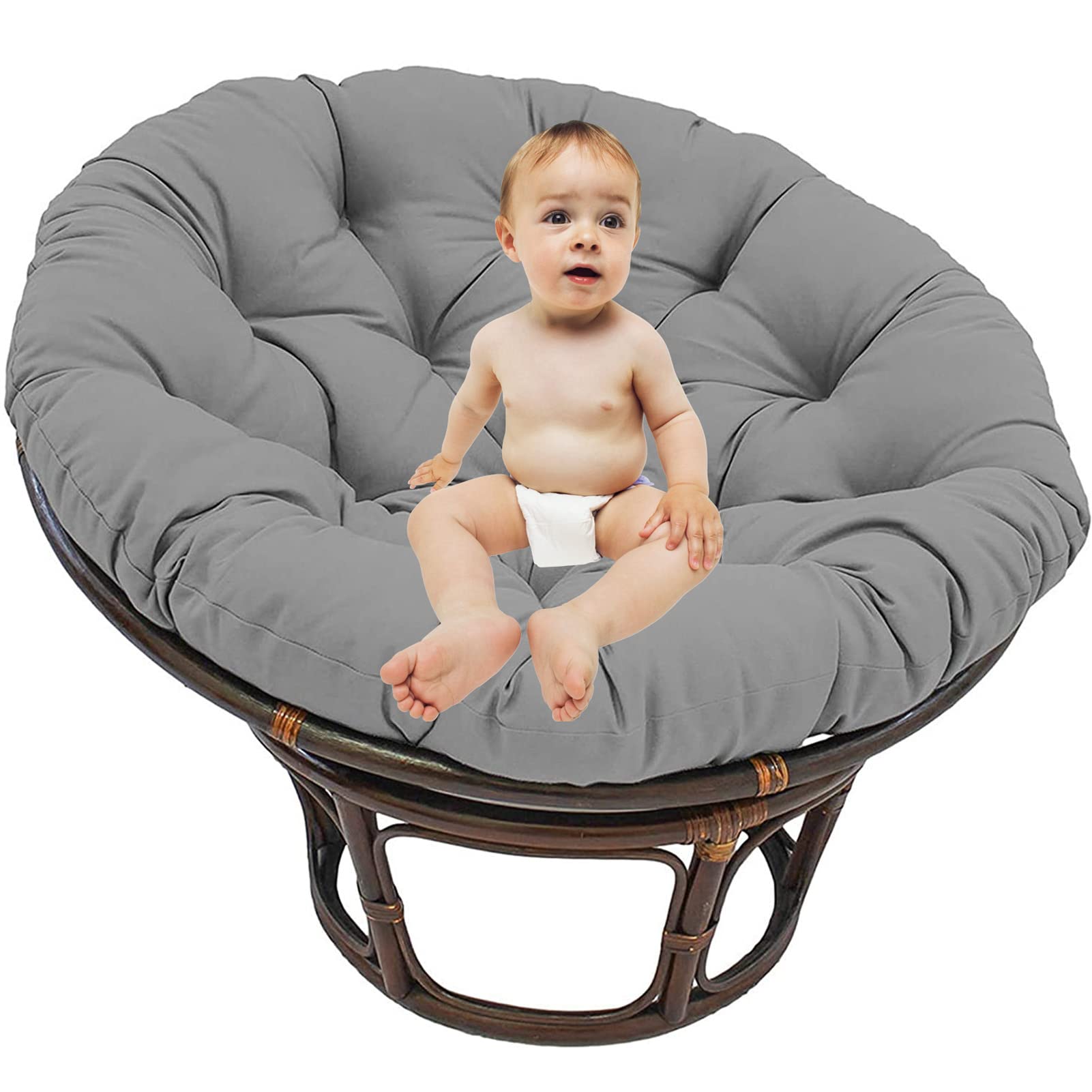 Cojín Redondo Para Silla Papasan O Mecedora - Impermeable, 60 Cm, Hojas Grises | Espesor 8 Cm | Incluye Correas Fijación