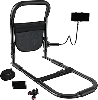 Aufstehhilfe Bett mit Handyhalter, Aufstehhilfe für Senioren mit höhenverstellbar 40-55cm, Rutschfester Haltegriff mit Tasche und Befestigungsgurt, stabil Bettgriff bis136 kg Belastbar