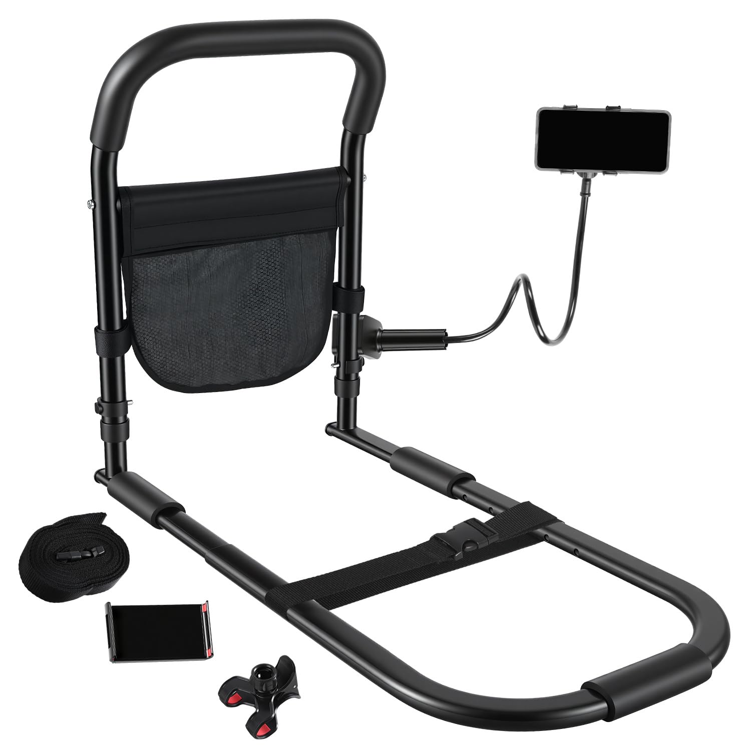Fiqops Łóżko dla seniorów z uchwytem na telefon komórkowy, regulacja wysokości 40-55 cm, antypoślizgowy uchwyt mocujący do 136 kg, stabilny uchwyt z torbą i paskiem mocującym