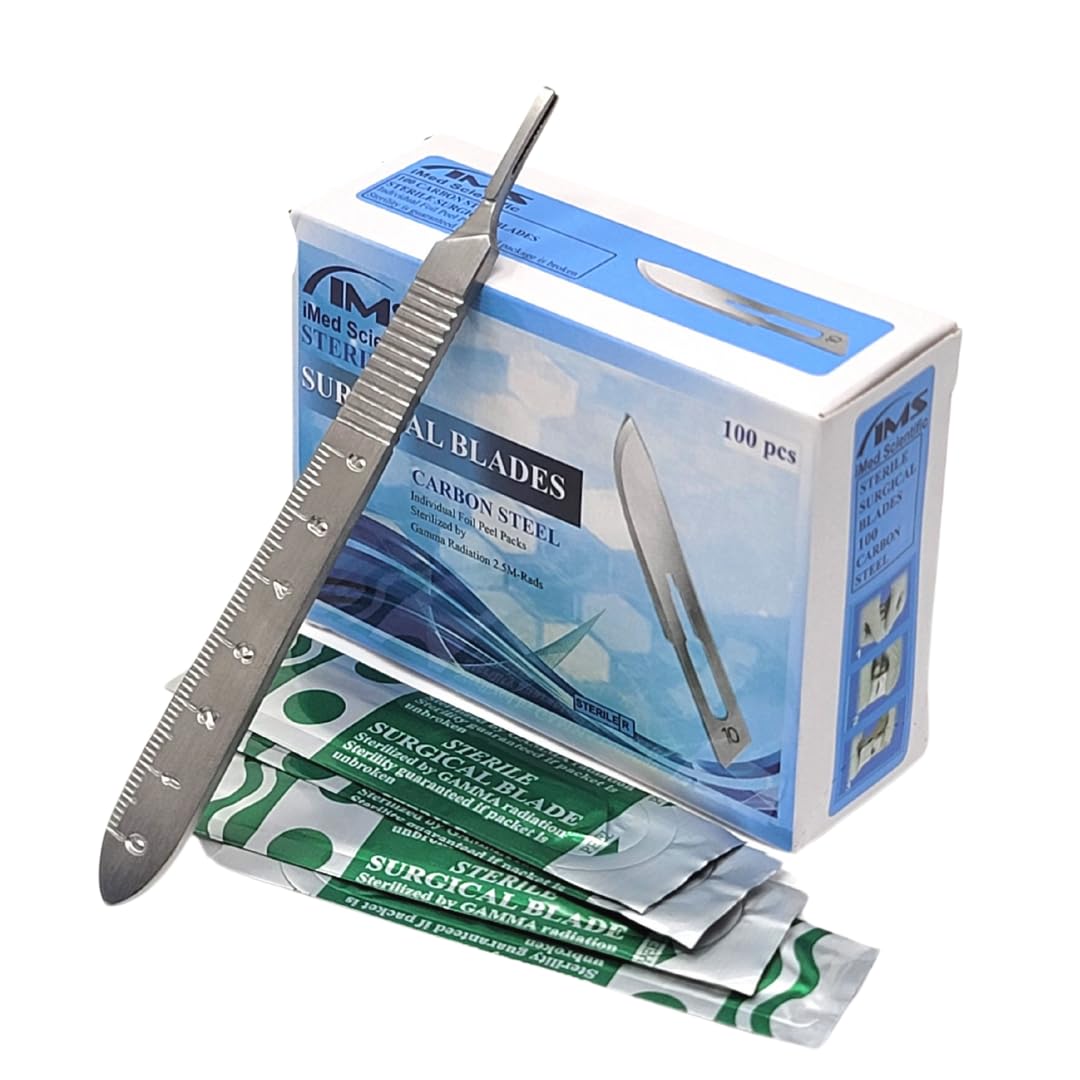 IMEDS Scalpel Blades #10 Sharp Carbon-Steel Sterile Pack of 100 with Free Stainless Steel Scalpel Handle #3 Graduated Kit to Make Finest Precision Cuts, Durable Quality for Experts & Professionals