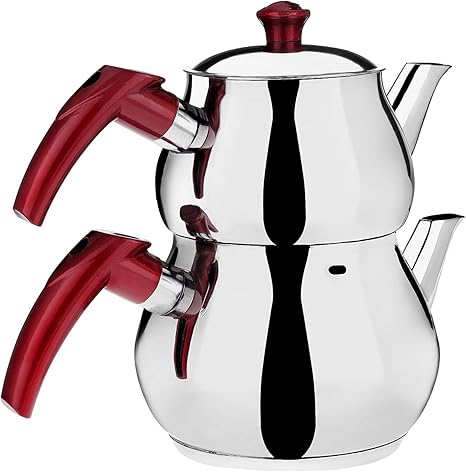 Amazon.com: DESTALYA Juego de teteras turcas Midi, teteras dobles de acero  inoxidable para estufa, tetera con asa, hervidor de té autocolado estilo  Samovar, calentador de agua (Midi con asas rojas) : Hogar