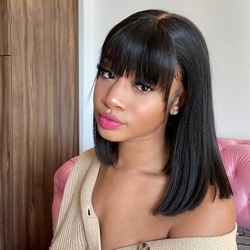 Straight Short Bob Wig Human Hair With Bangs 2x1 Lace Glueless Cut Bob Wigs Realistic Look Scalp Bob Bangs Wigs For Women Natural Color Brazilian Human Virgin Hair Wigs (14Inch)