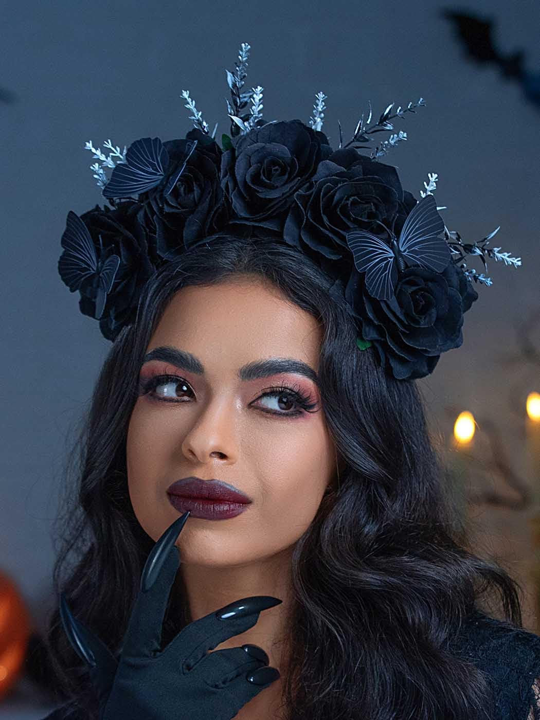 IYOU Day of the Dead Headband Black Rose Flower Hair Bands Butterfly Costume Headpiece Rave Carnival Festival Halloween Hair Accessories for Women - Image 2