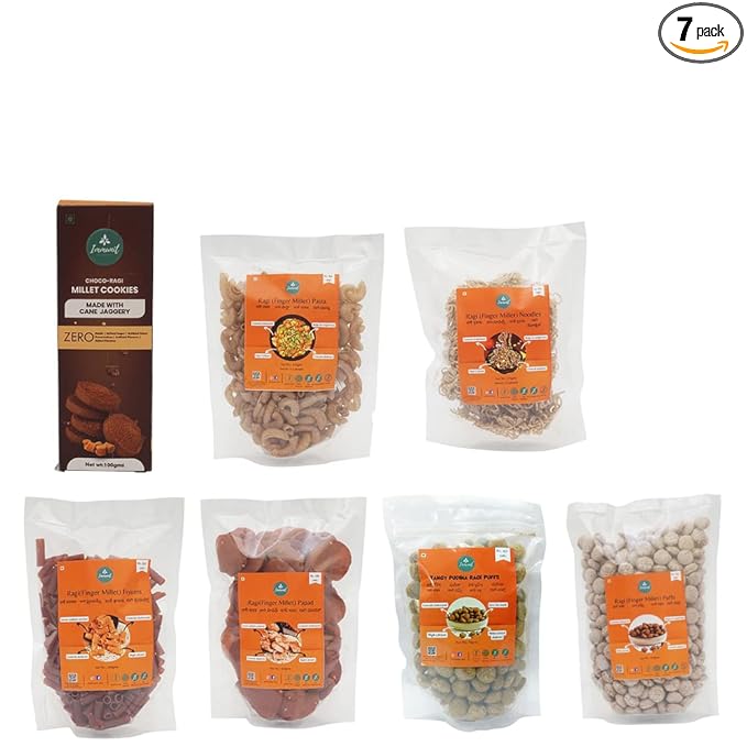 Zero Maida Ragi Based Assorted Products Combo of 7 (Puffs + Papad+Fryums+Noodles+Pasta+Cookies)