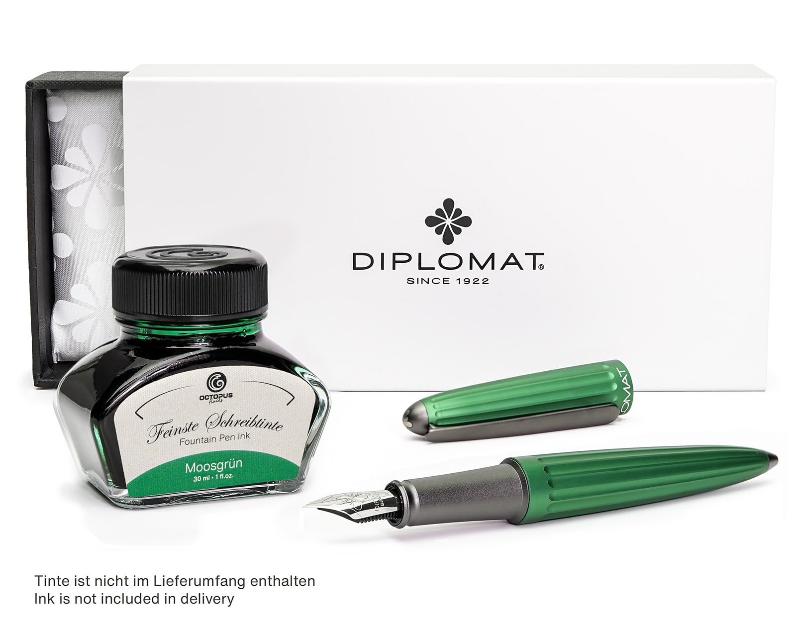 DIPLOMAT Füllfederhalter Aero Green, Exclusiv Tinte mit Edelstahlfeder und Konverter, D40317025, grün, 1 Stück (1er Pack) | Aluminiumgehäuse, Soft-Sliding-Click-Kappe, Konverter und zwei blaue Tintenpatronen im Schuberetui