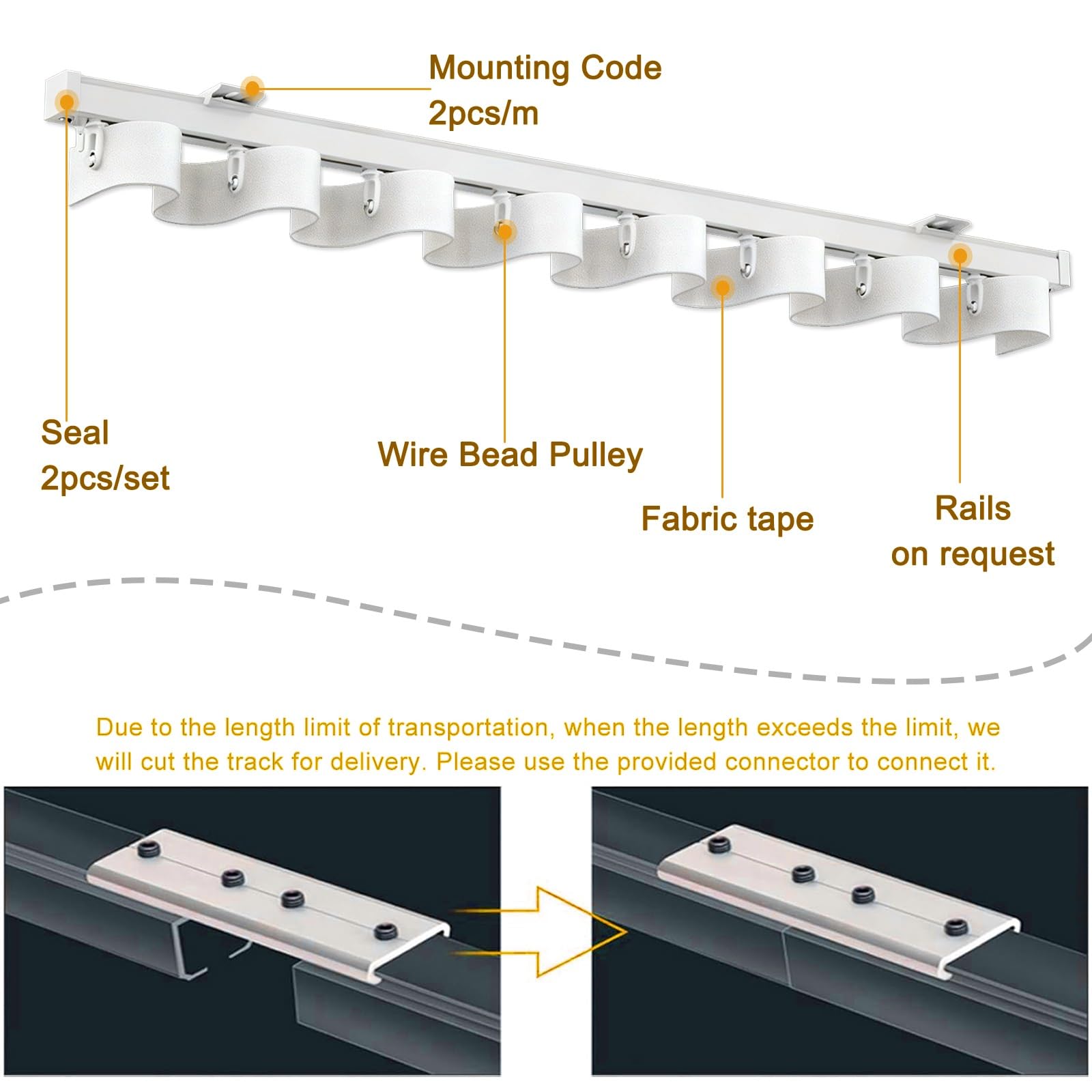 Aluminiowa prowadnica do zasłon przesuwnych do montażu na ścianie, szyna sufitowa, wytrzymała, do dzielenia pomieszczenia, biały system szyn z pojedynczą zasłoną, system szyn z falami S