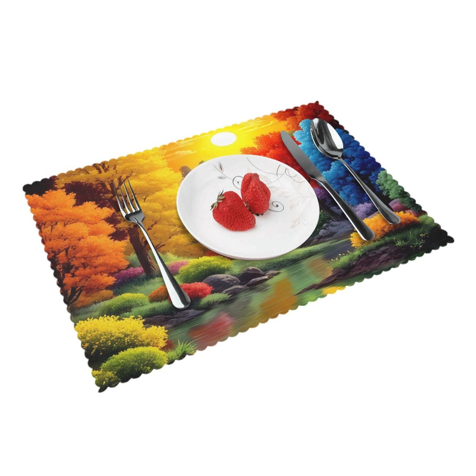 Vibrant Autumn Landscape Placemats Set of 4 Print Table Mats Place Mats Table Decor for Kitchen Dining 12X18 in