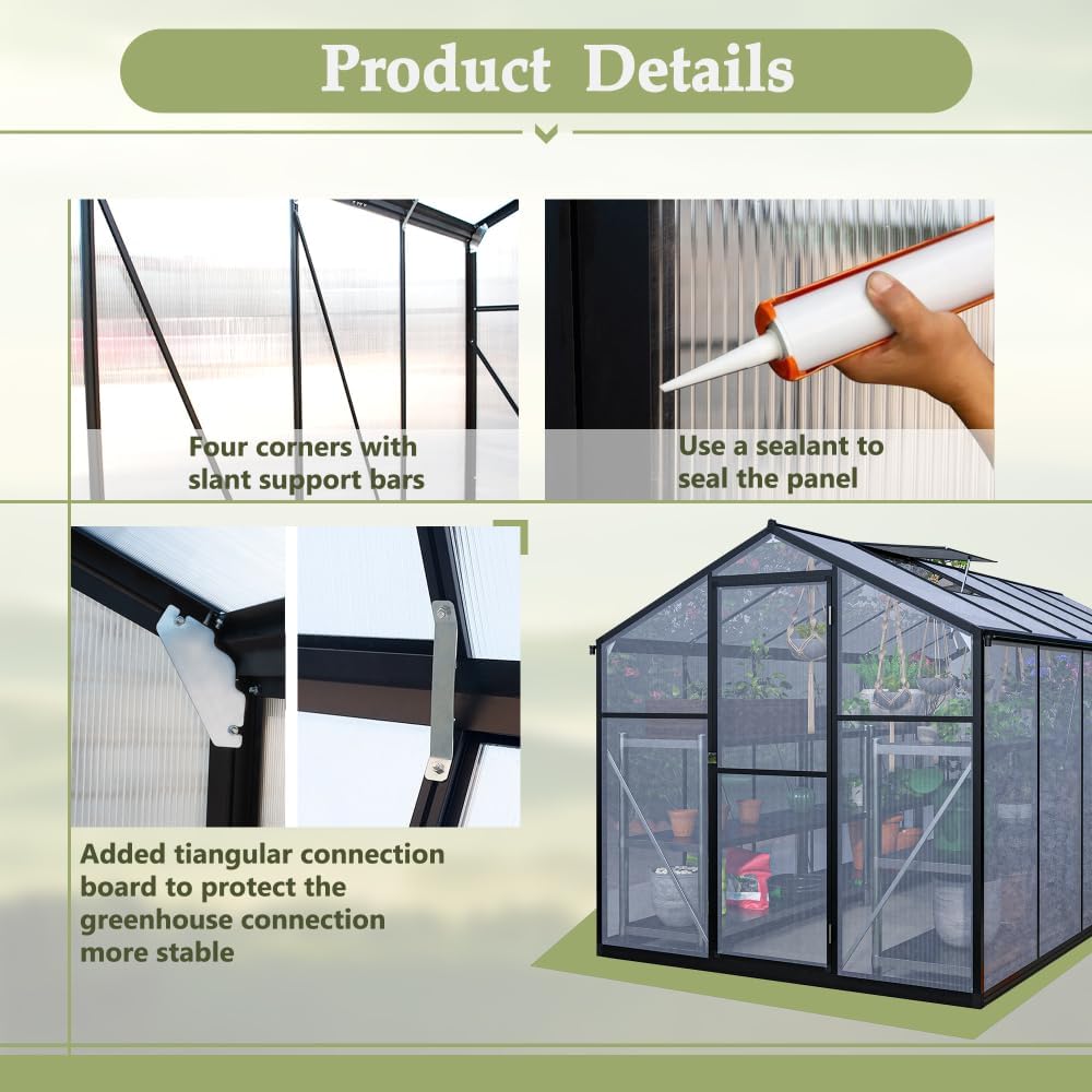 Heavy-Duty Polycarbonate Greenhouse with Double Flush Doors, Rain Gutter System, and Adjustable Ventilation Window for Garden, Backyard, or Sunroom Use (6x12 FT)