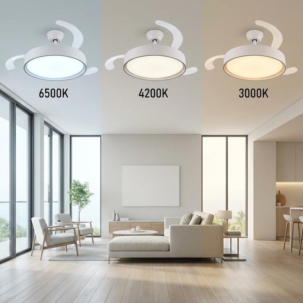 Ventilador de Techo DC Blanco 107cm con Luz LED Regulable 3000-6500K - 6 Velocidades, Silencioso y Bajo Consumo, 3 Aspas Retráctiles, Mando a Distancia, Temporizador, Función Verano-Invierno