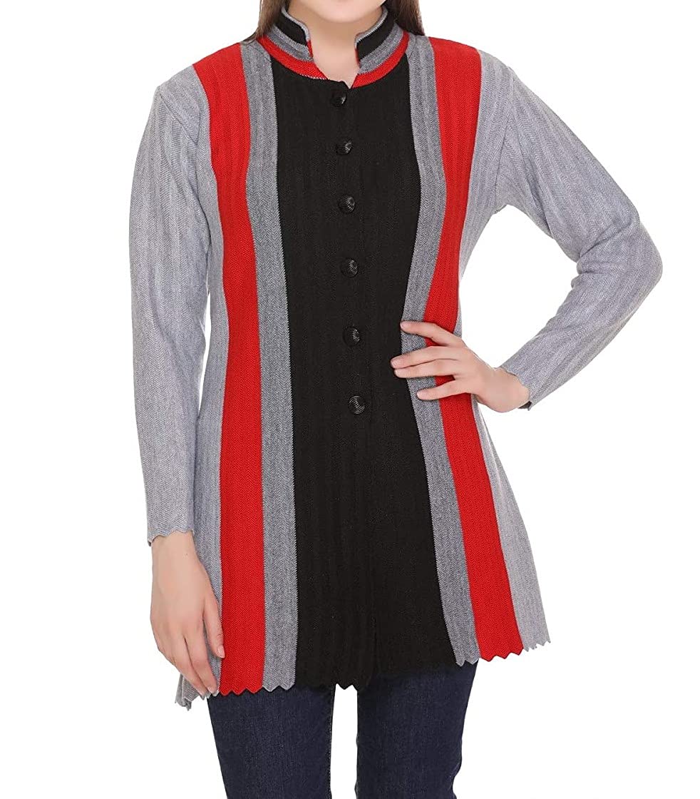 Women's Woolen Band Neck Cardigan - Printed Heavy Front Multicolor Daffodil Fabric Winter Wear Pure Wool Cardigan for Women - Free Size Long Cotty (BLACKREDGREY, Medium)-image-43