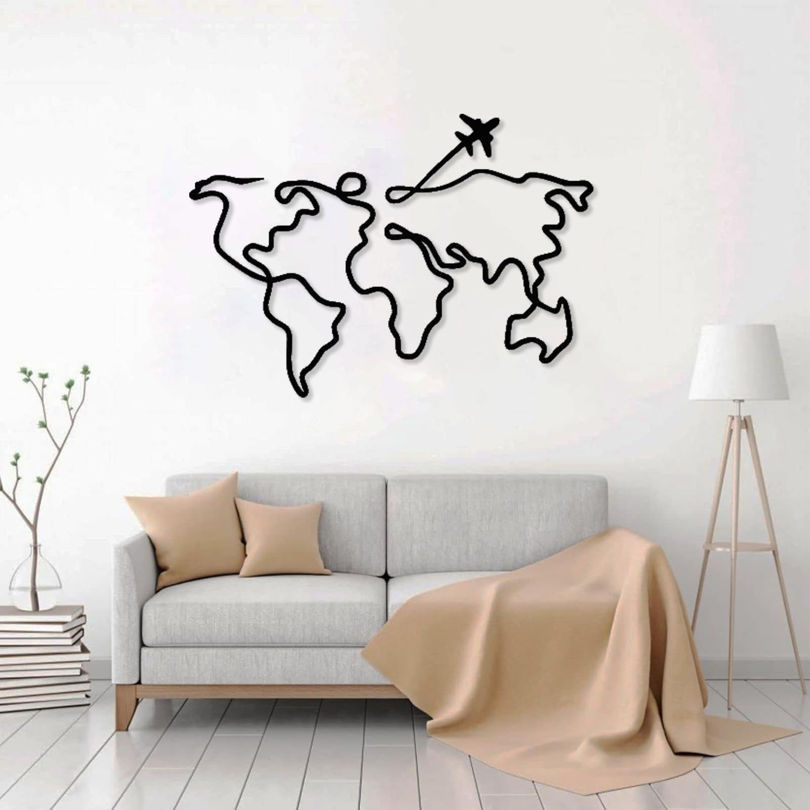 Mappa del mondo con aerei, scultura murale in metallo dal tratto grafico
