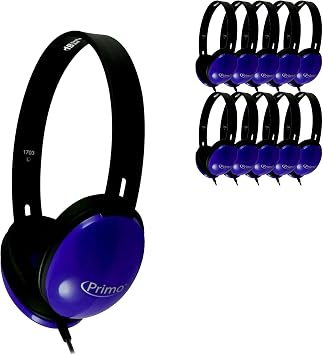 HamiltonBuhl Primo Stereo Headphones 10Pack Blue | NoiseReducing Ear Cups, ChewResistant DuraCord, Washable Leatherette Cushions, 3.5mm SlimBarrel Plug Classroom Student Headphones