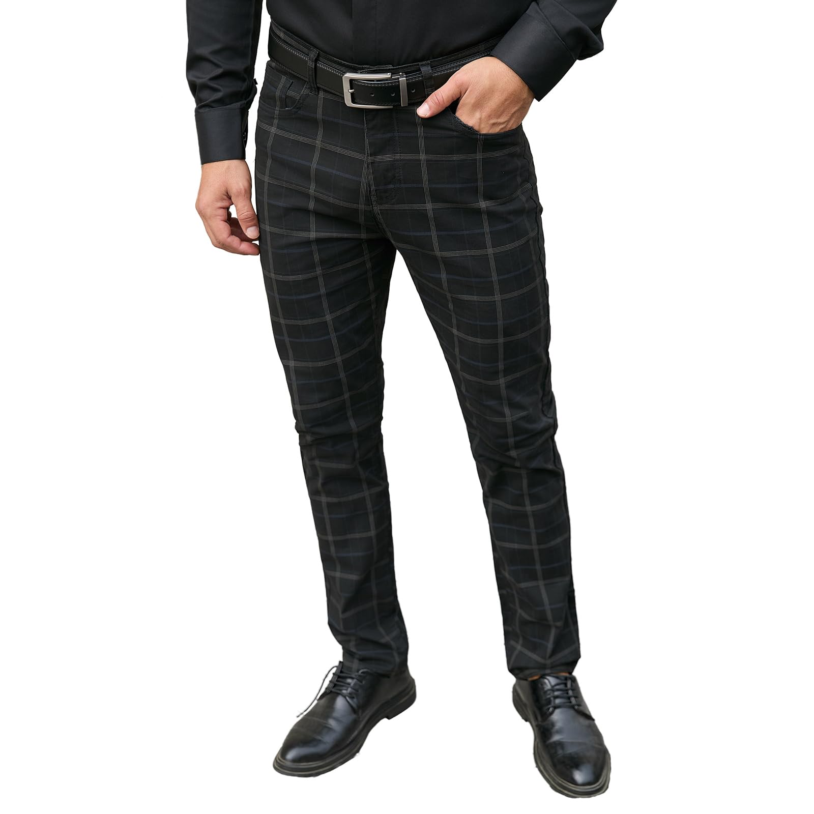 TENGINE Plaid Pants for Men Mens Skinny Stretch Slim fit Chinos Golf Business Dress Casual Pants