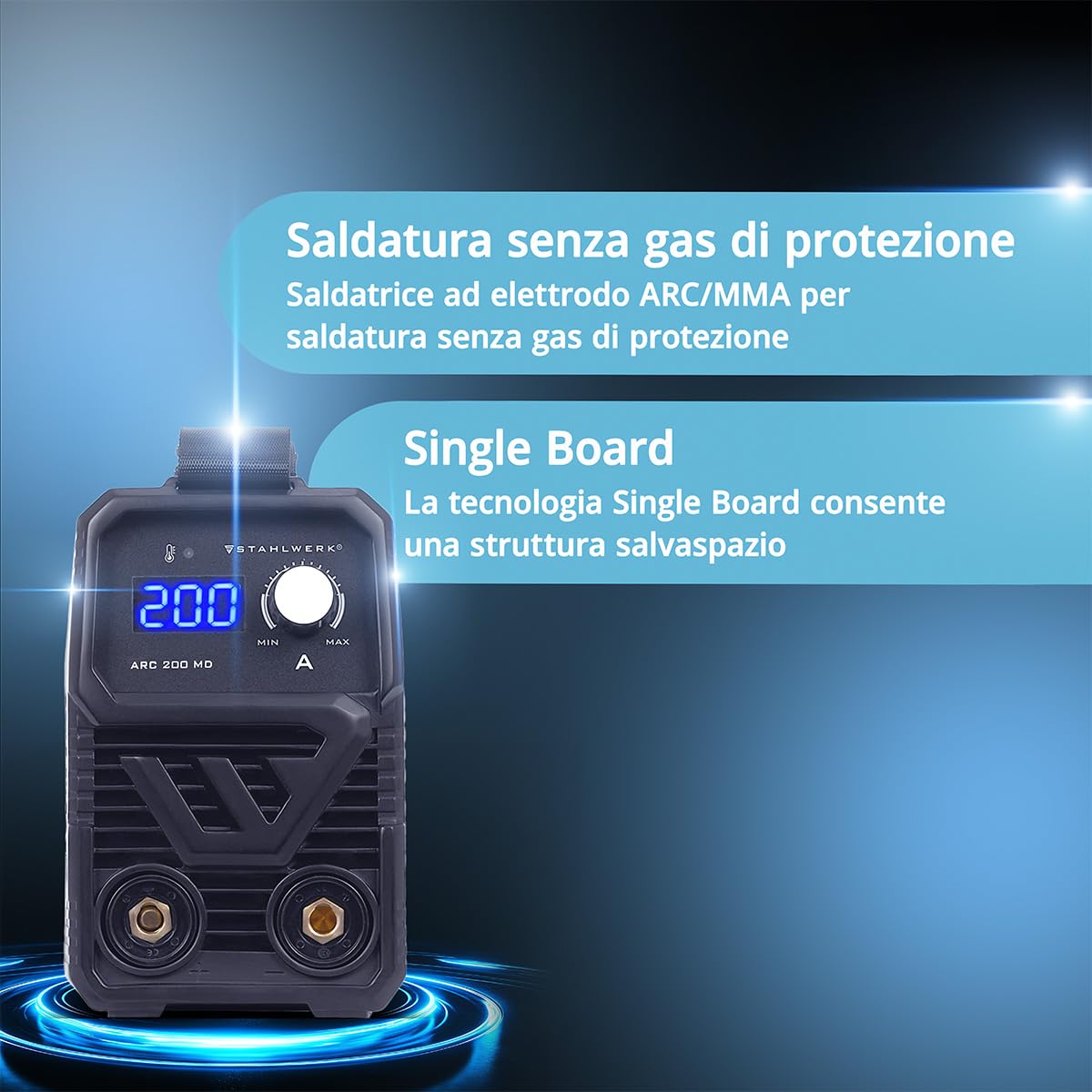 STAHLWERK Saldatrice ad elettrodo ARC 200 MD – MMA & Lift-TIG (DC) fino a 200 A, uso flessibile senza gas, compatta & leggera 3,4 kg, Smart Cooling, Hotstart automatico