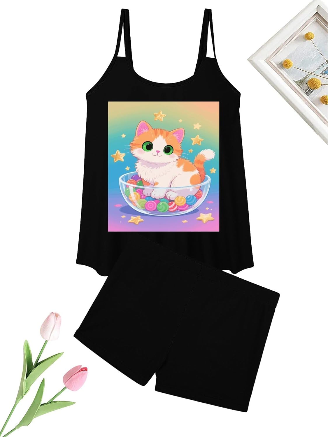 Lovely Kitten Tankini Swimsuits for Women Tummy Control Two Piece Bathing Suits Swim Tops with Boy Shorts