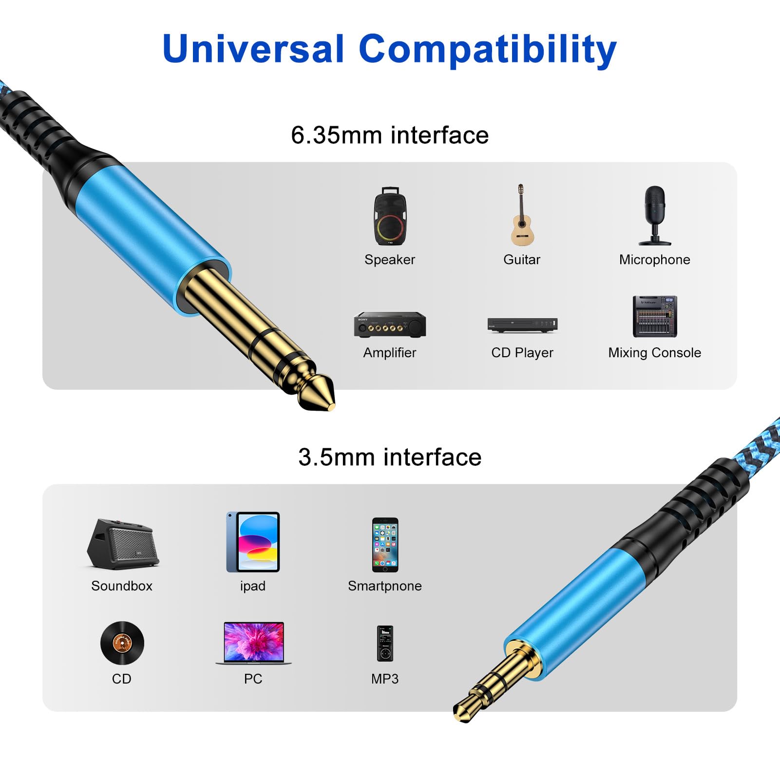 1/8 to 1/4 Audio Cable, 3.5mm to 6.35mm Stereo Cable Aux Male Cord Nylon Braided Cable 6FT for iPod, Guitar, Laptop, Mixing Console, Home Theater Devices, Speaker, Amplifier, Sound Card, Receiver