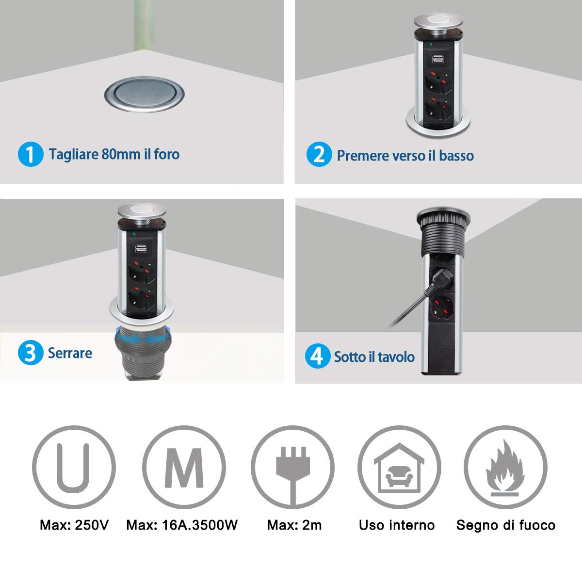 EXTRASTAR Multipresa da scrivania a scomparsa con 2 USB, 3 prese italiane, multiprese torretta retrattile con protezione multipresa per cucina, piani di lavoro, ufficio