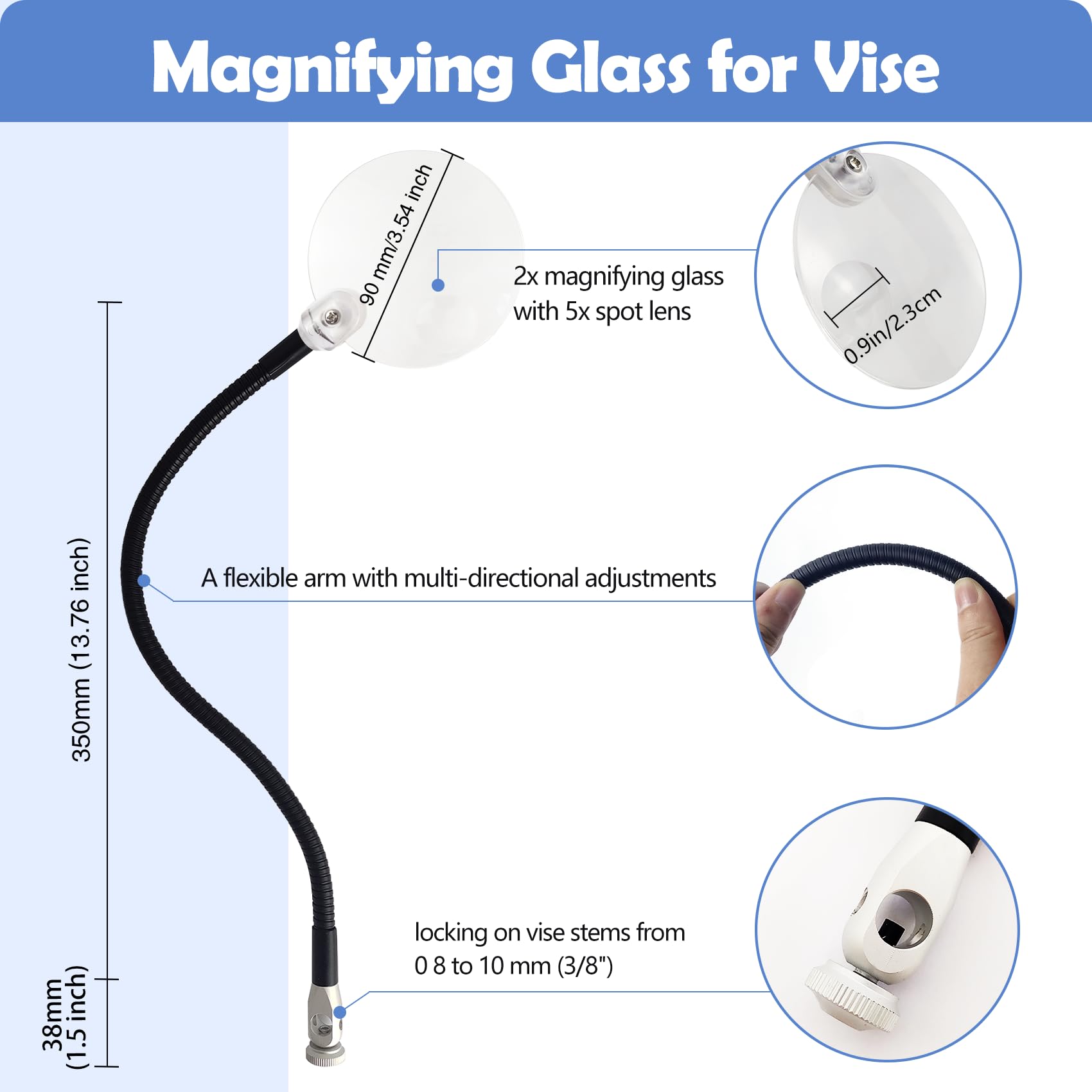Riverruns Magnifying Glass for Vise 2X Magnification, Lens Dimensions 90mm?with 35 cm (13.76 in.) Flexible arm