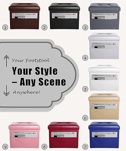 Miniatura 7 de Reposapiés plegable otomano de almacenamiento de 17 pulgadas con bolsillo lateral, reposapiés de almacenamiento de cuero, taburete otomano acolchado