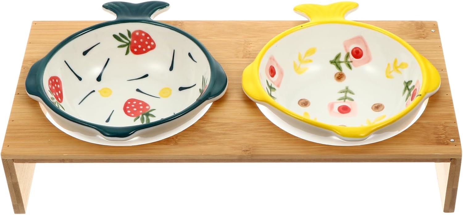 Creative Elevated Pet Bowls with Bamboo Stand Double Ceramic Puppy and Cat Bowls for Comfortable Feeding Joint Relief and Whisker Fatigue Prevention