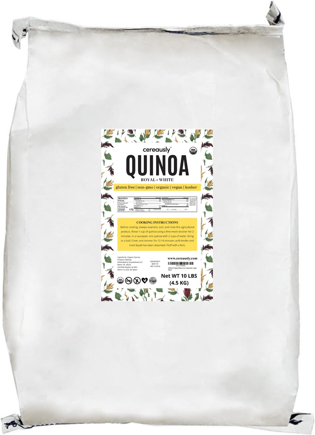 CEREAUSLY Organic White Quinoa – Premium Royal Quinoa from Bolivia – Kosher and Non-GMO Quinoa Bulk – Vegan and Gluten-Fee Cooking Quinoa – 10 LB