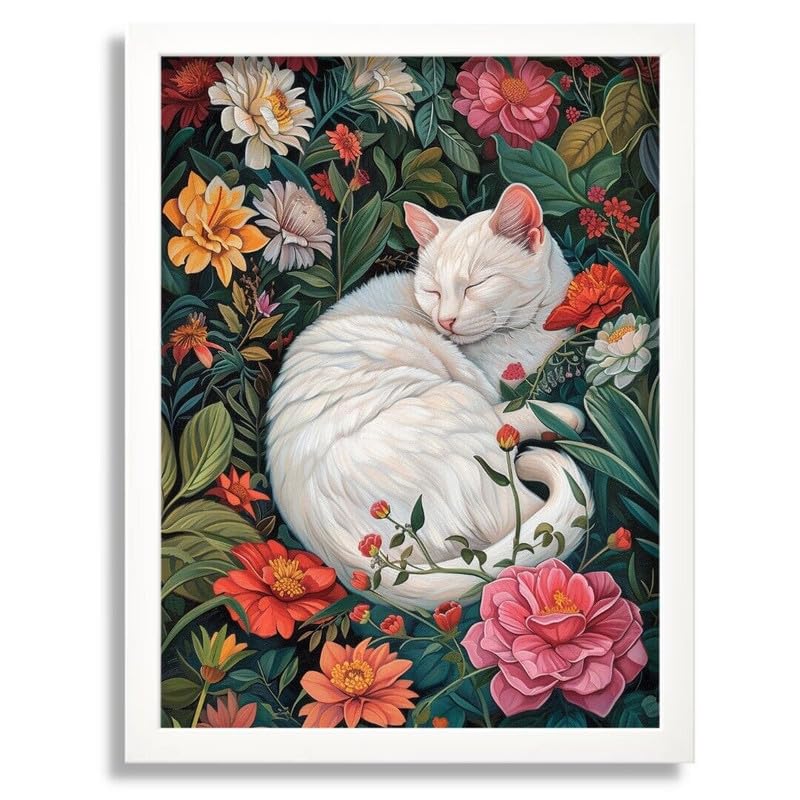 Impression d'art chat qui dort fleurs poster A0 grand format avec cadre inclus