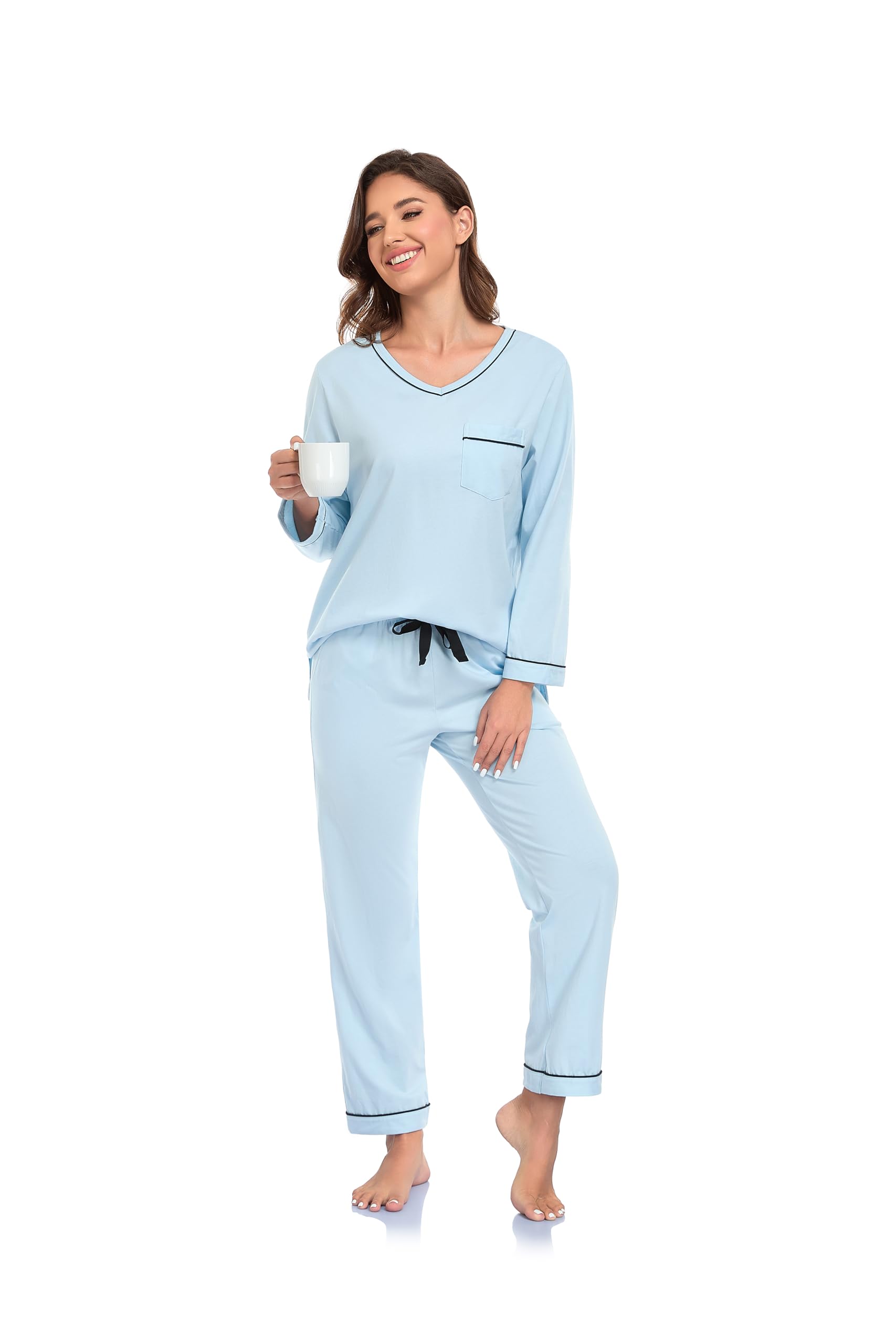 Damen Baumwolle Schlafanzug Langarm Pyjama Set mit Hose