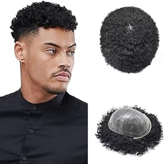 Man Weave Hair Units for Blackmen PU Injection Afro Mens for African American Man Hair Piece 6mm-14mm Curl Black Men Hairpieces Brazilian Human Hair Toupee for Men afro wave 6mm#1B Off Black