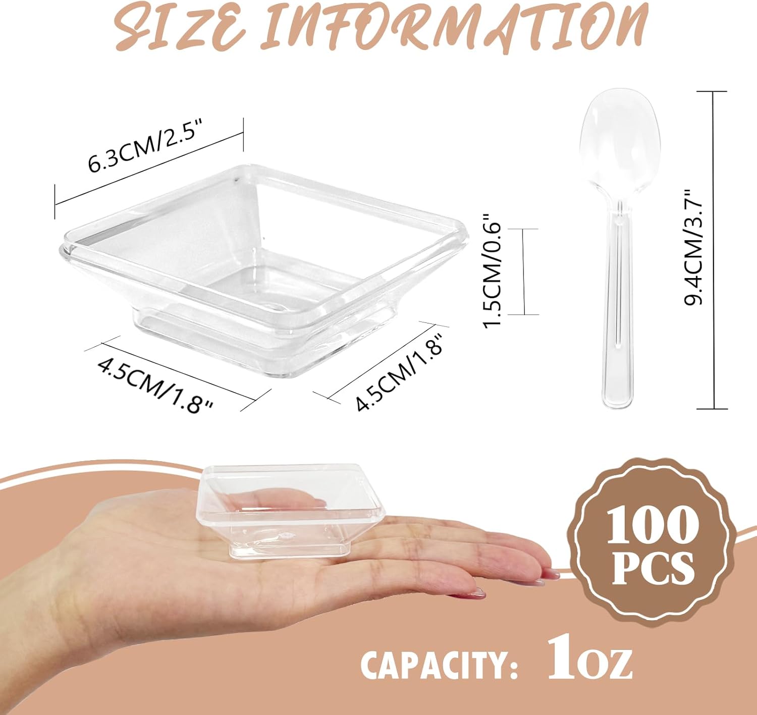 100 Pack Mini Plastic Dessert Plates with Tasting Spoons, 2.5 Inches Small Clear Disposable Square Appetizer Trays, Reusable Party Serving Dishes for Fruit Sauce Snack Cake Ice Cream - Image 2