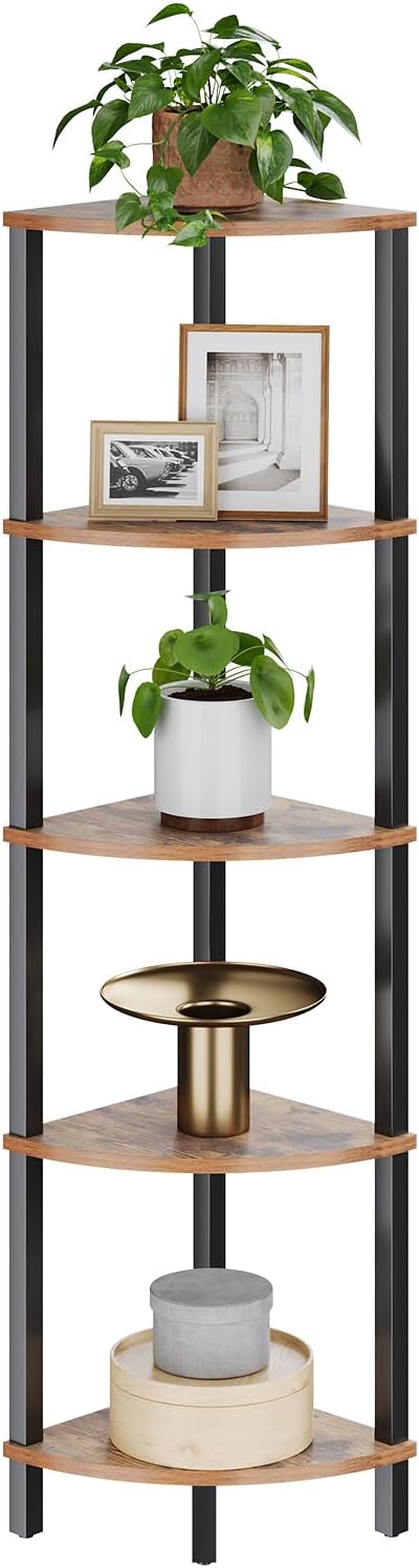 Corner Shelf, 5-Tier Corner Bookshelf, Industrial Corner Ladder Shelf, Rustic Display Shelf for Living Room, Bedroom, Kitchen, Home Office, Rustic Brown and Black UJSJ001H