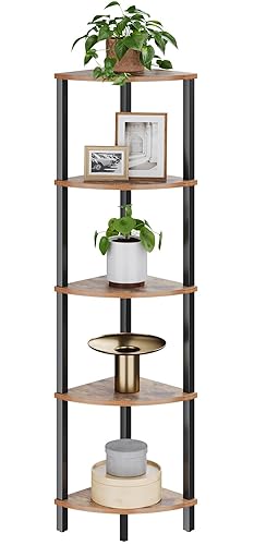 VASIHO Étagère d'angle à 5 Niveaux avec Échelle, Étagère de Rangement, Étagère de Rangement pour Plantes, Cuisine, Salon, Design Industriel, Vintabrune Noire JSJ001H - Vintabrune Noire