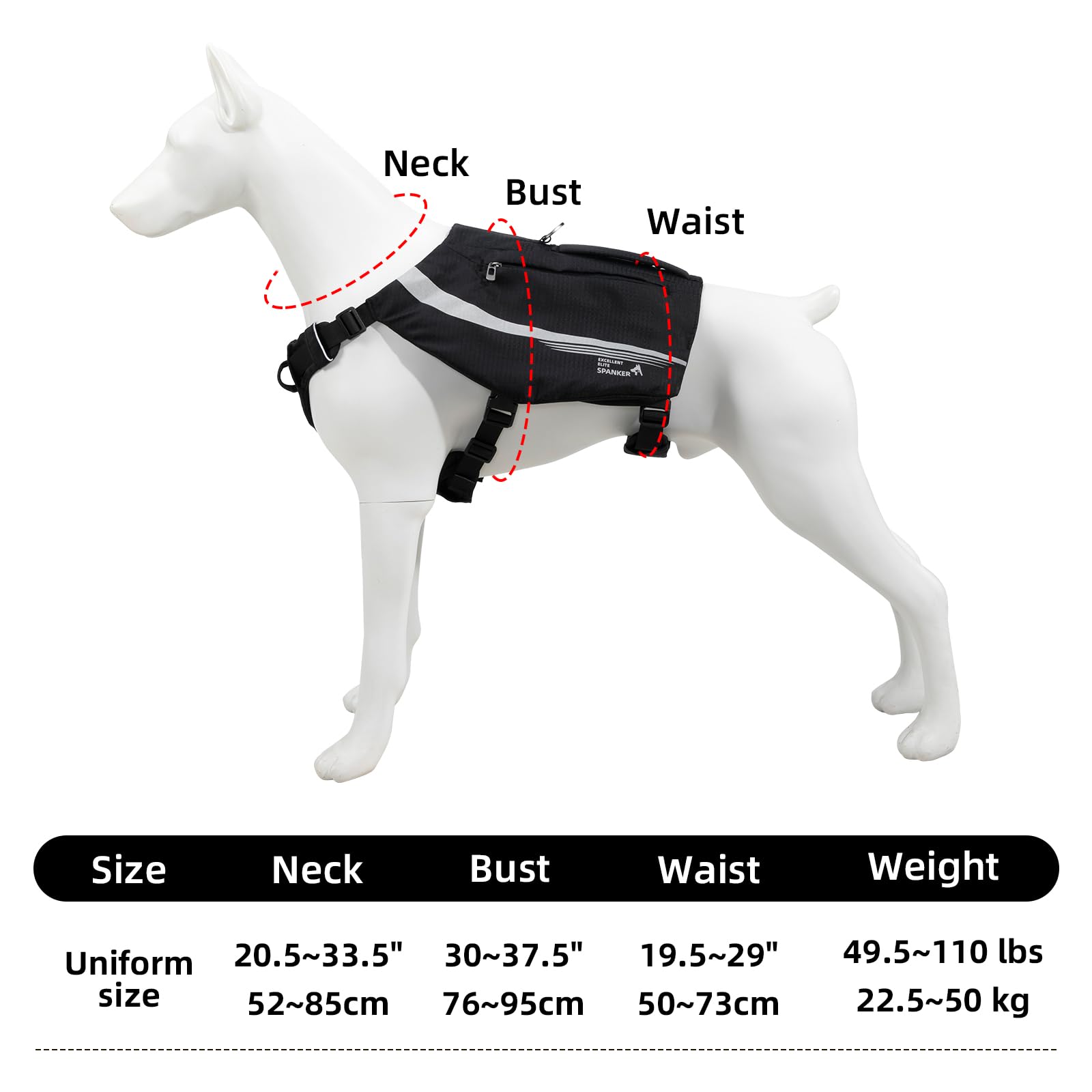 EXCELLENT ELITE SPANKER Zaino riflettente a forma di Y per cani con maniglie e tasche, senza anelli a D, leggero, attrezzatura da escursionismo per cani, caccia, viaggi.(BLK)