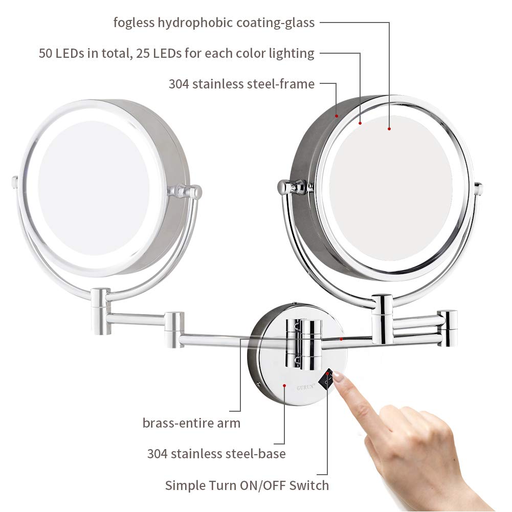 Buy GURUN LED Wall Mount Makeup Mirror Lighted 10x Magnification, Bathroom Vanity Mirror, 13