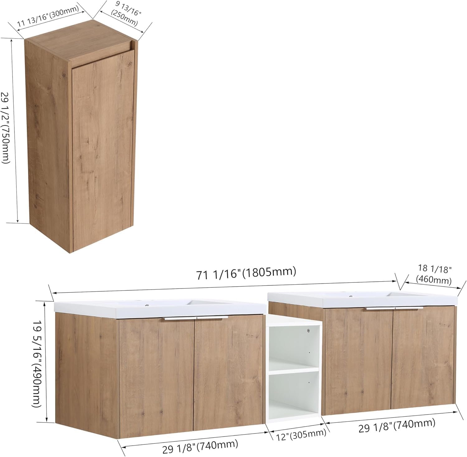 72" Double Sink Bathroom Vanity Modern Wall-Mounted Bathroom Vanity with Sink 72-Inch Floating Bathroom Vanities Set with 1 White Open Storage Shelf & 1 Side Cabinet, Natural Oak