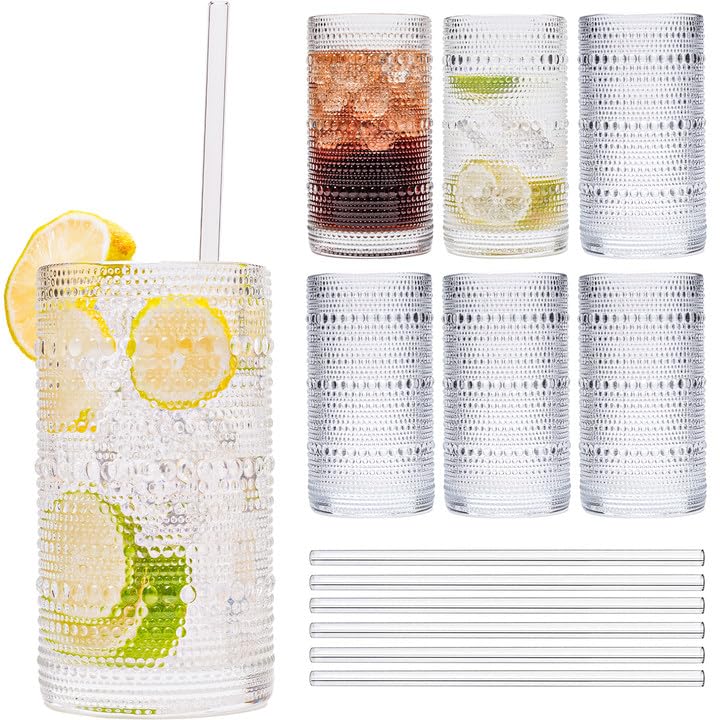 Hobnail Drinking Glasses Vintage Glassware SetVintage Glassware Set 6CLEAR-ADD STRAWS