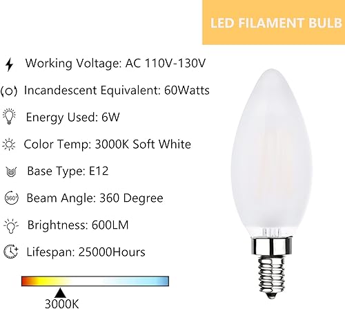 Miniatura 2 de Bombillas LED esmeriladas para candelabros regulables de 60 W, bombilla LED E12 esmerilada de torpedo, 6 W, 3000 K, para ventilador de techo,