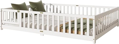 Miniatura 5 de Harper & Bright Designs Cama de suelo tamaño Queen con valla y puerta, marco de cama Montessori de madera para niños, niñas, listones incluidos, no